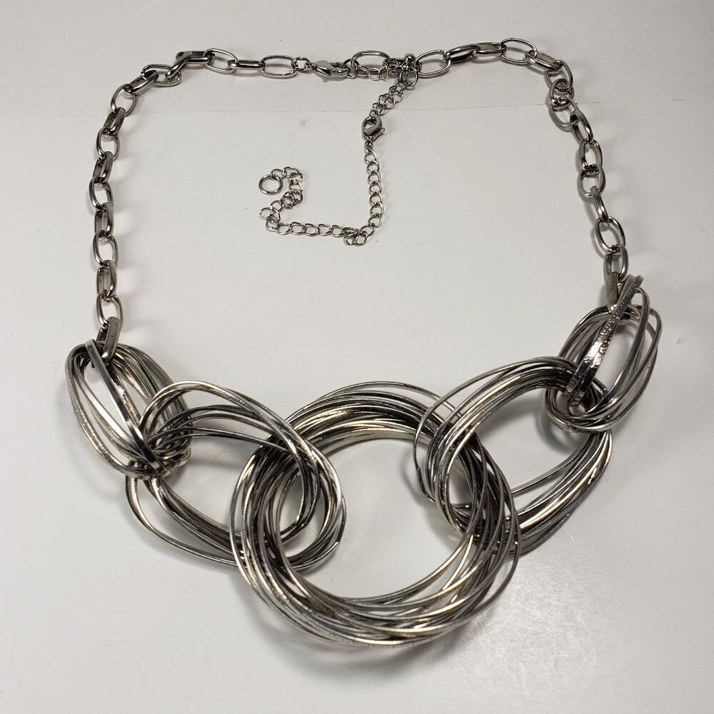 Bold Silver Statement Necklace Layered Hoops & Ov… - image 5